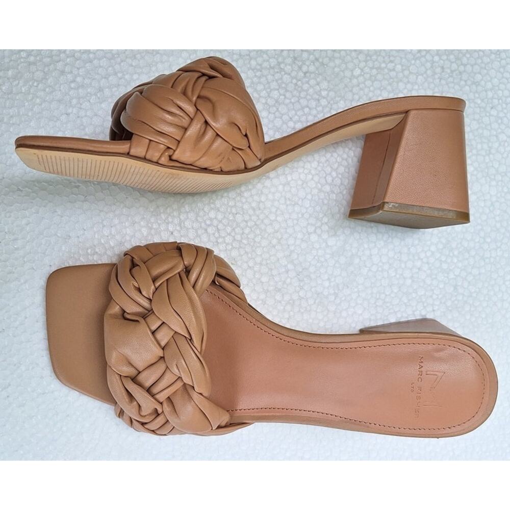Marc Fisher Cerita Woven Quilted Square toe Block Heel Tan Leather Sandals 8.5